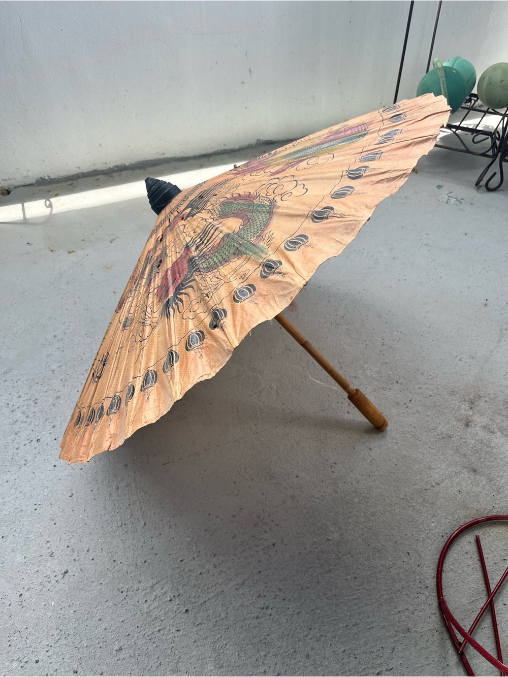Vintage Oriental Rice Paper Parasol with Dragon & Sun Bird Motif Bamboo Handle